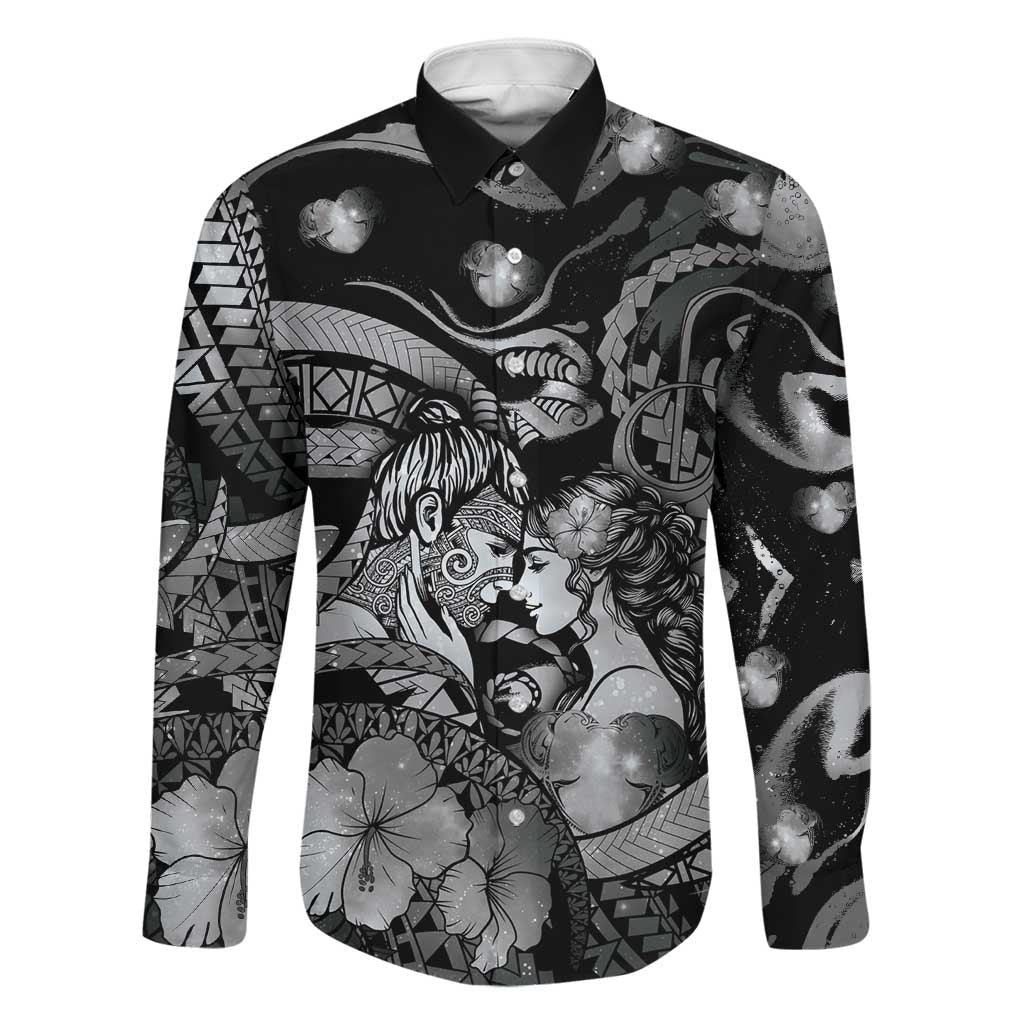 Personalised Maori Romantic Valentine Family Matching Off Shoulder Maxi Dress and Hawaiian Shirt The Hongi Kiss Black Galaxy DT05 Dad's Shirt - Long Sleeve Black - Polynesian Pride