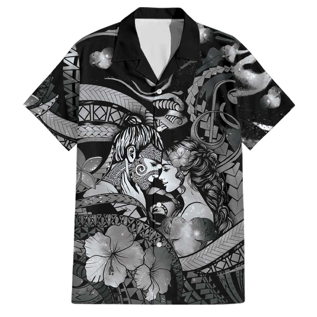 Personalised Maori Romantic Valentine Family Matching Off Shoulder Short Dress and Hawaiian Shirt The Hongi Kiss Black Galaxy DT05 Dad's Shirt - Short Sleeve Black - Polynesian Pride
