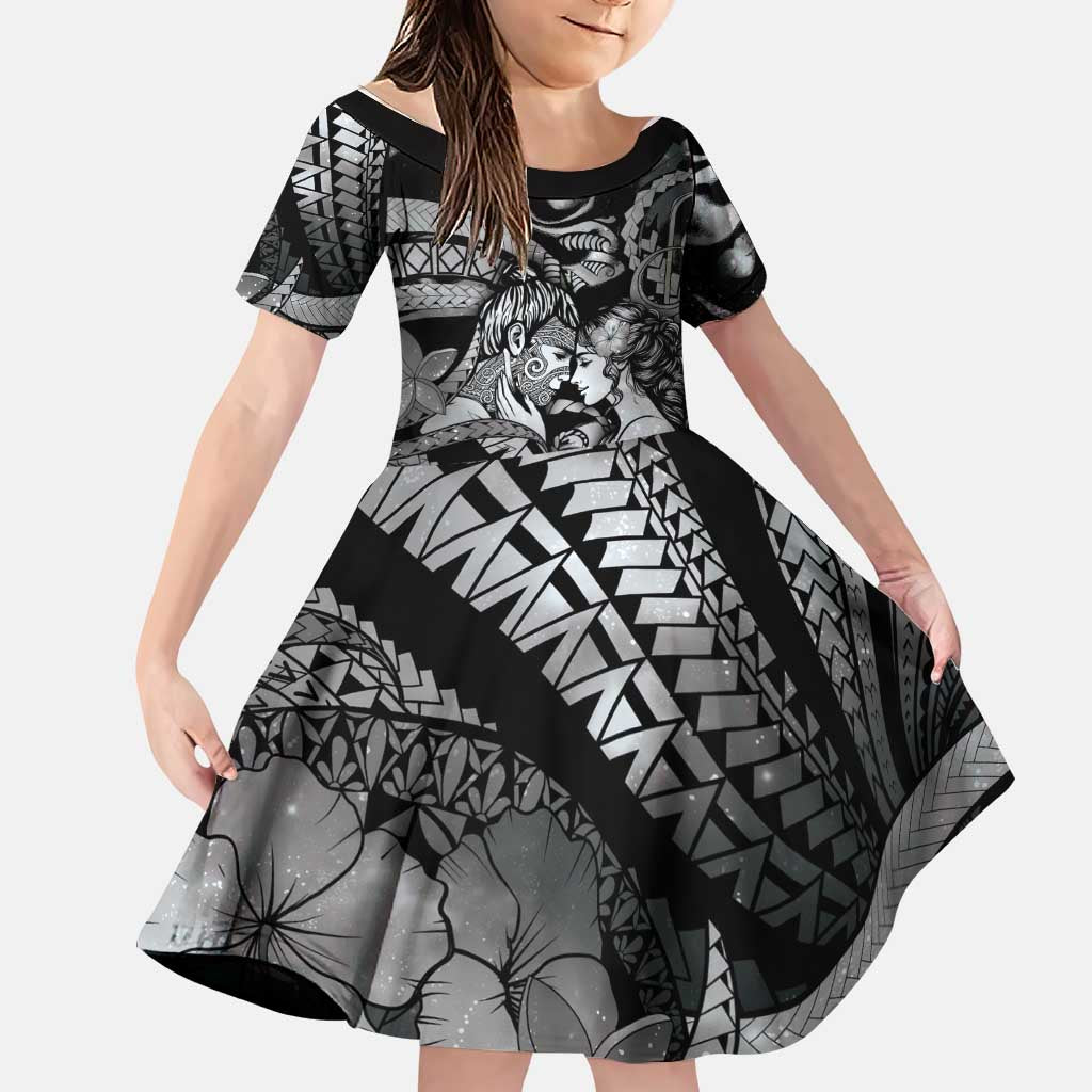 Personalised Maori Romantic Valentine Family Matching Puletasi and Hawaiian Shirt The Hongi Kiss Black Galaxy DT05 Daughter's Dress Black - Polynesian Pride