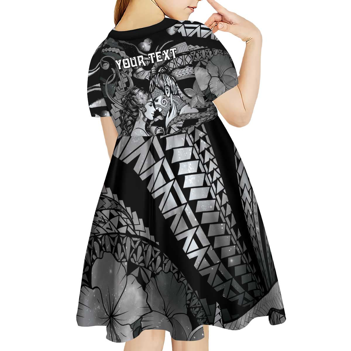 Personalised Maori Romantic Valentine Kid Short Sleeve Dress The Hongi Kiss Black Galaxy DT05 - Polynesian Pride