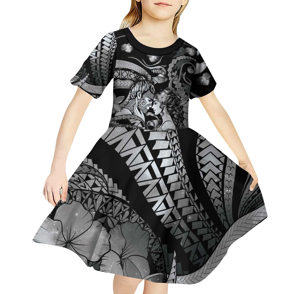 Personalised Maori Romantic Valentine Kid Short Sleeve Dress The Hongi Kiss Black Galaxy DT05 - Polynesian Pride