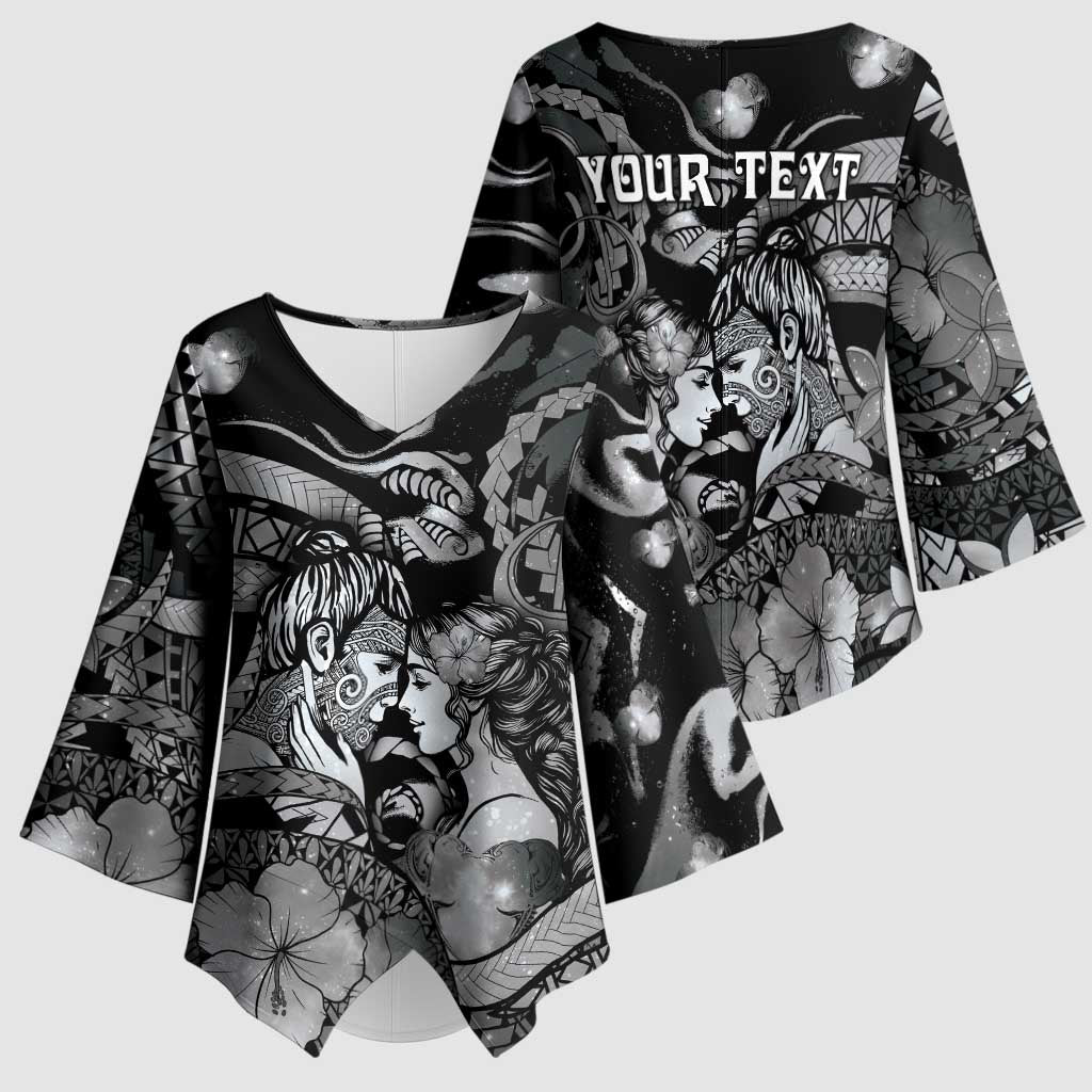 Personalised Maori Romantic Valentine Kimono Sleeve Blouse The Hongi Kiss Black Galaxy