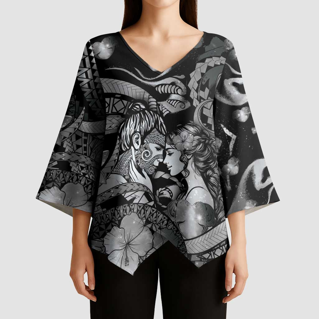 Personalised Maori Romantic Valentine Kimono Sleeve Blouse The Hongi Kiss Black Galaxy
