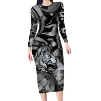 Personalised Maori Romantic Valentine Long Sleeve Bodycon Dress The Hongi Kiss Black Galaxy DT05 Long Dress Black - Polynesian Pride
