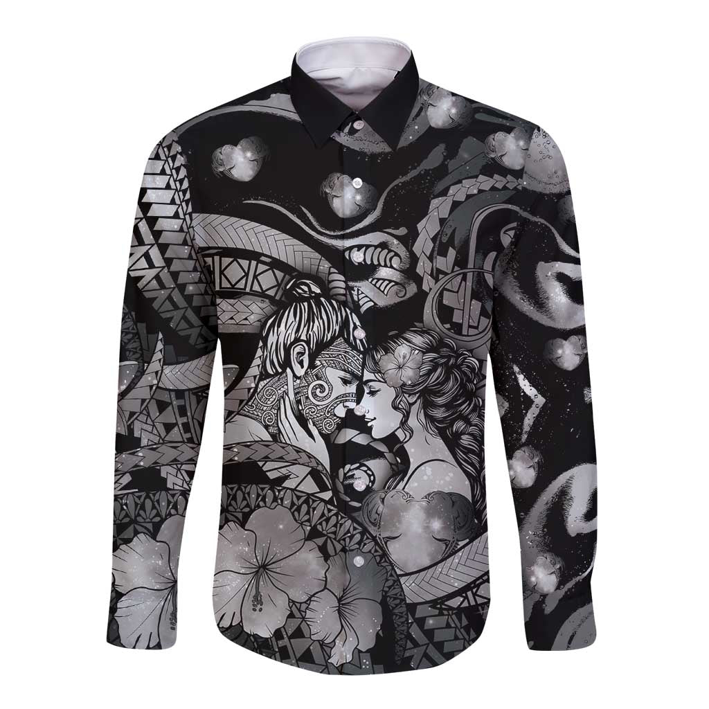 Personalised Maori Romantic Valentine Long Sleeve Button Shirt The Hongi Kiss Black Galaxy