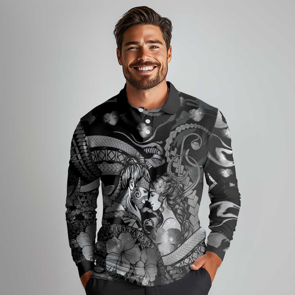 Personalised Maori Romantic Valentine Long Sleeve Polo Shirt The Hongi Kiss Black Galaxy
