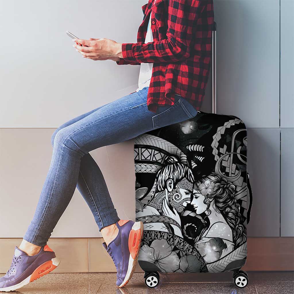 Maori Romantic Valentine Luggage Cover The Hongi Kiss Black Galaxy