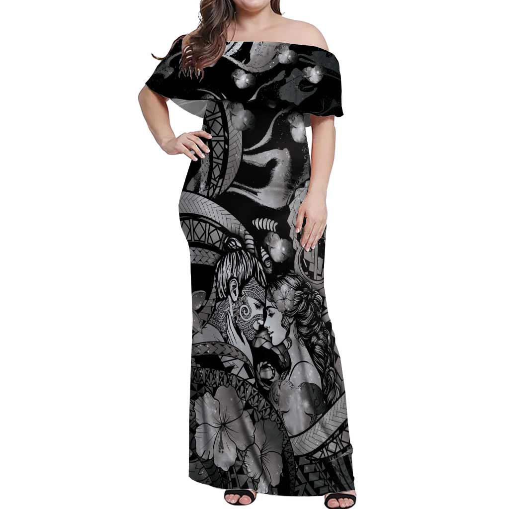 Personalised Maori Romantic Valentine Off Shoulder Maxi Dress The Hongi Kiss Black Galaxy DT05 Women Black - Polynesian Pride