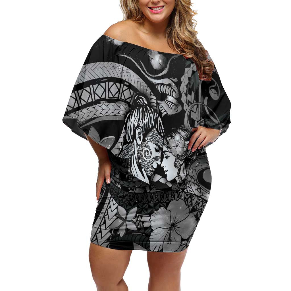 Personalised Maori Romantic Valentine Off Shoulder Short Dress The Hongi Kiss Black Galaxy