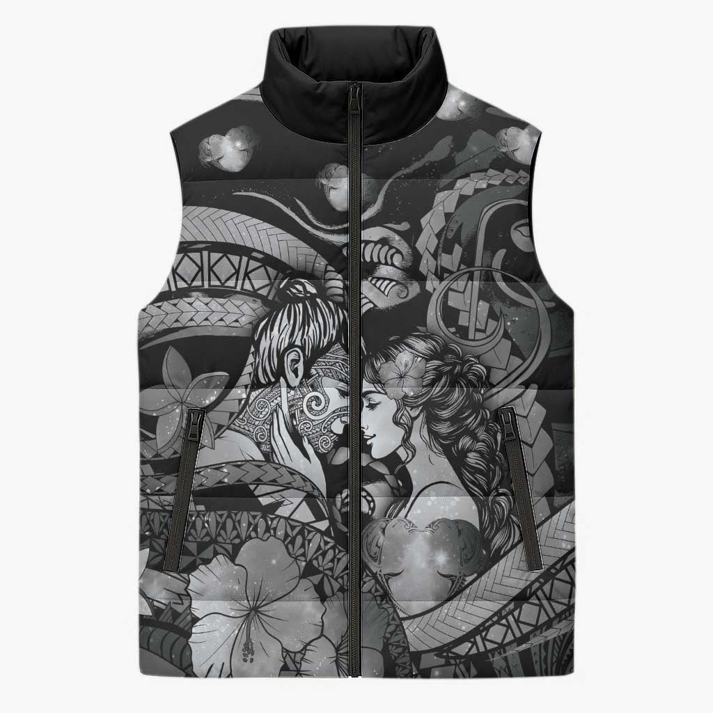 Personalised Maori Romantic Valentine Sleeveless Puffer Jacket The Hongi Kiss Black Galaxy