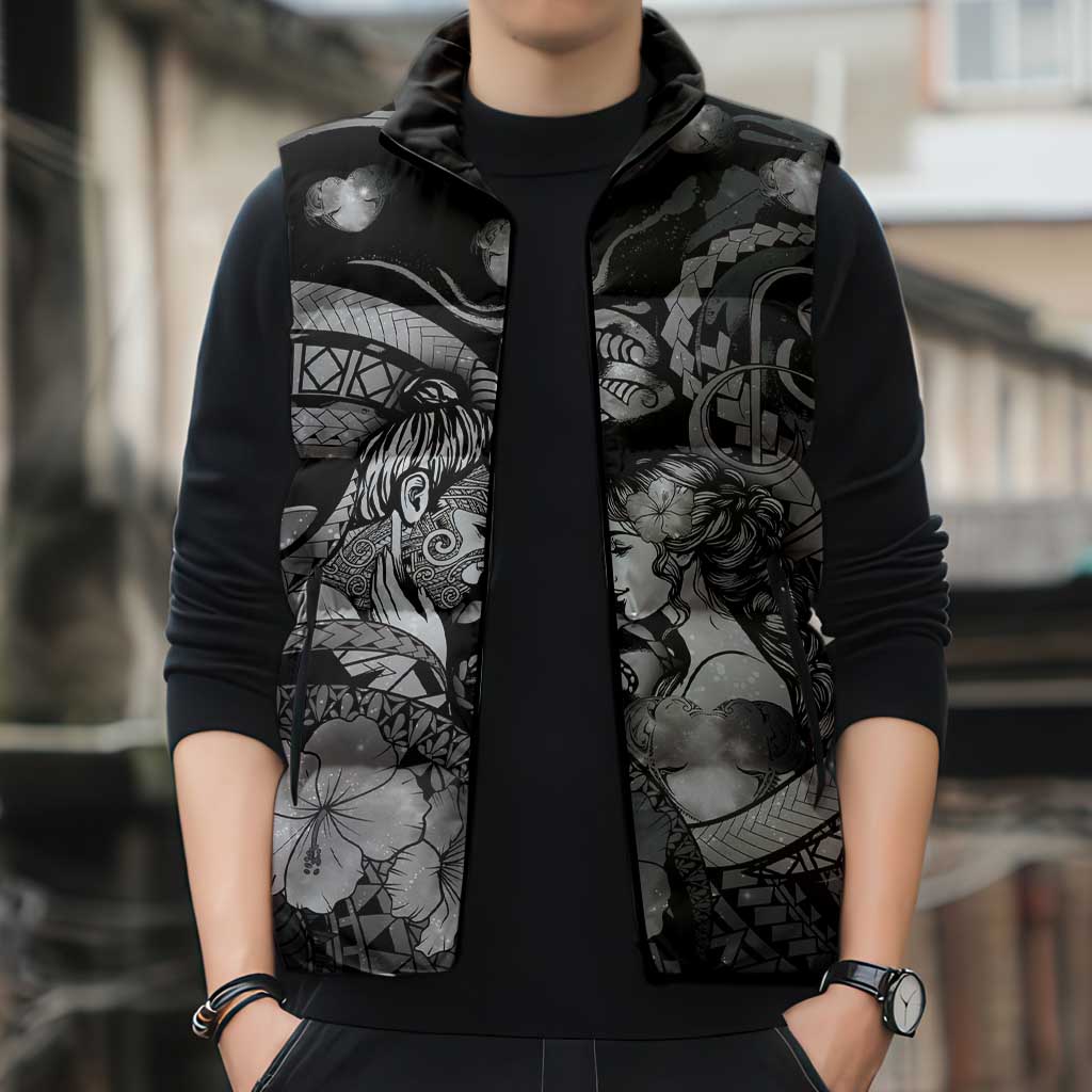 Personalised Maori Romantic Valentine Sleeveless Puffer Jacket The Hongi Kiss Black Galaxy