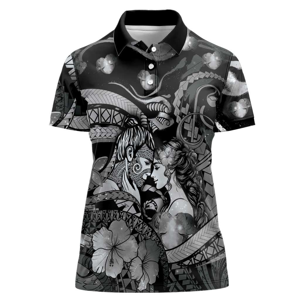 Personalised Maori Romantic Valentine Women Polo Shirt The Hongi Kiss Black Galaxy