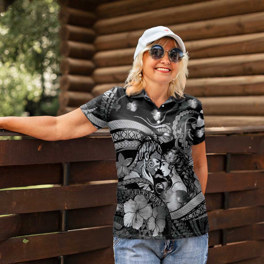 Personalised Maori Romantic Valentine Women Polo Shirt The Hongi Kiss Black Galaxy