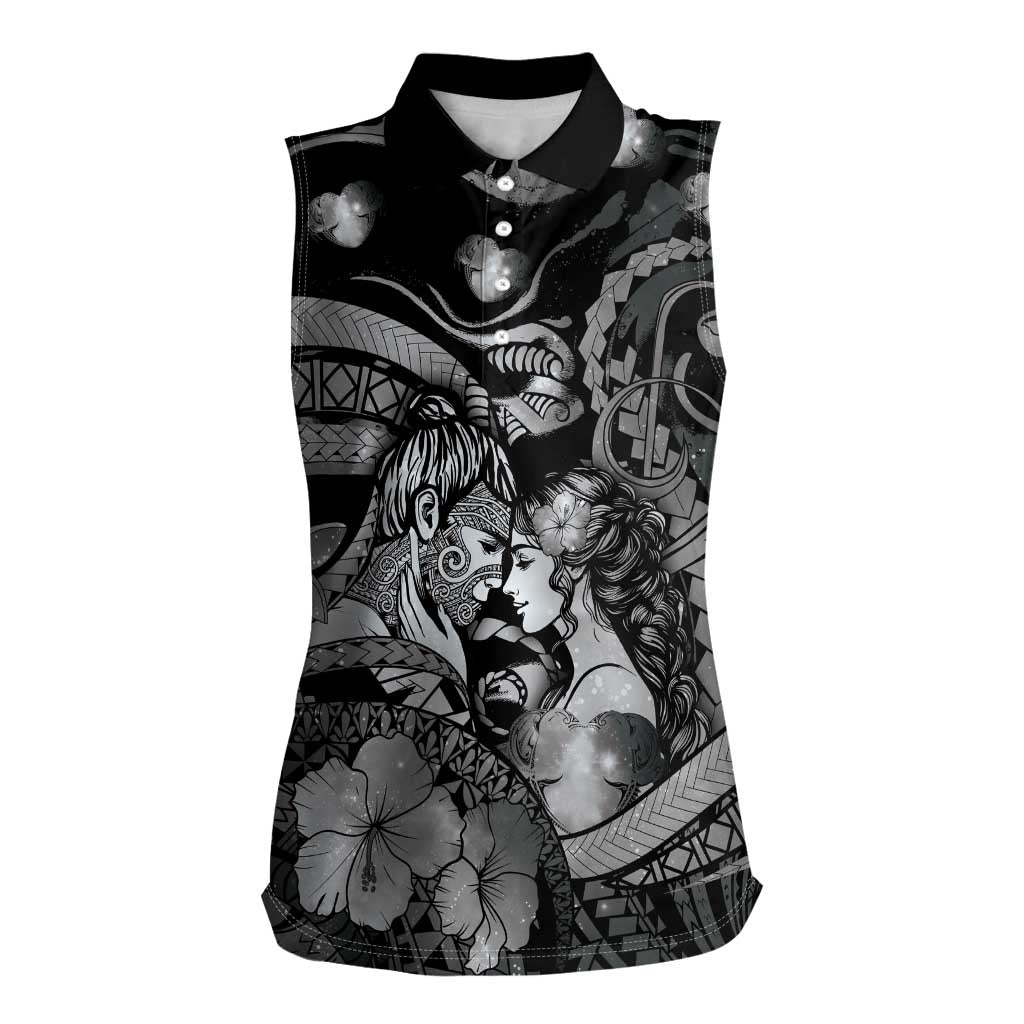 Personalised Maori Romantic Valentine Women Sleeveless Polo Shirt The Hongi Kiss Black Galaxy
