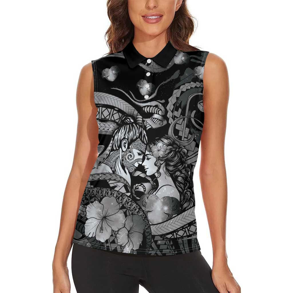 Personalised Maori Romantic Valentine Women Sleeveless Polo Shirt The Hongi Kiss Black Galaxy