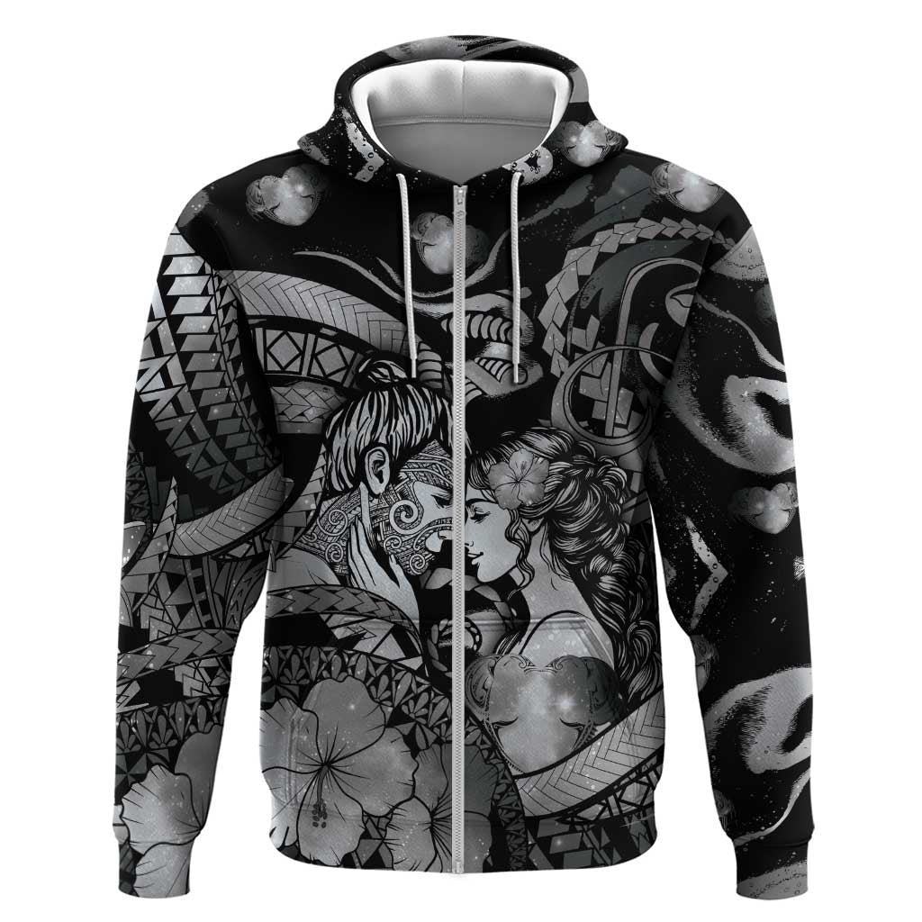 Personalised Maori Romantic Valentine Zip Hoodie The Hongi Kiss Black Galaxy