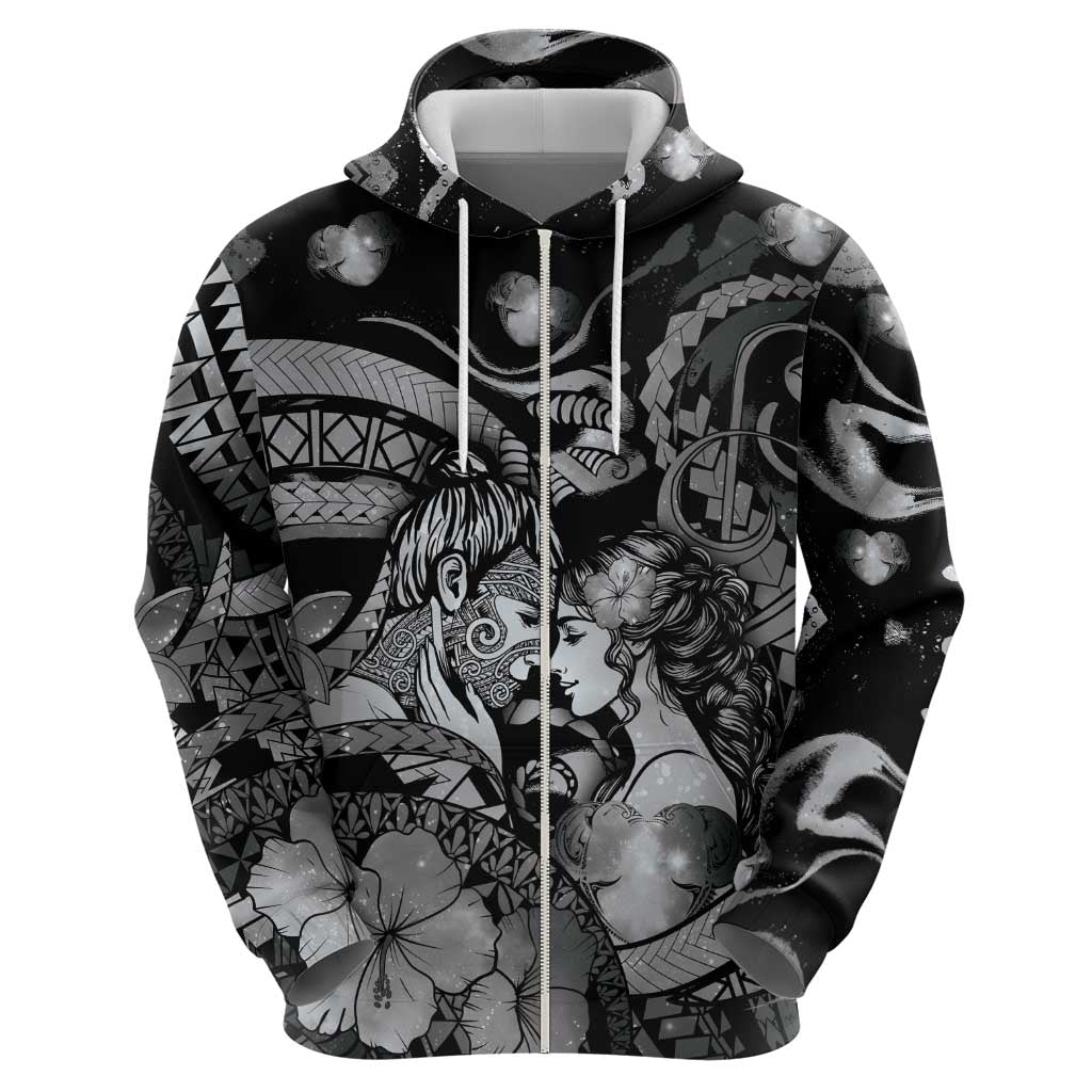 Personalised Maori Romantic Valentine Zip Hoodie The Hongi Kiss Black Galaxy