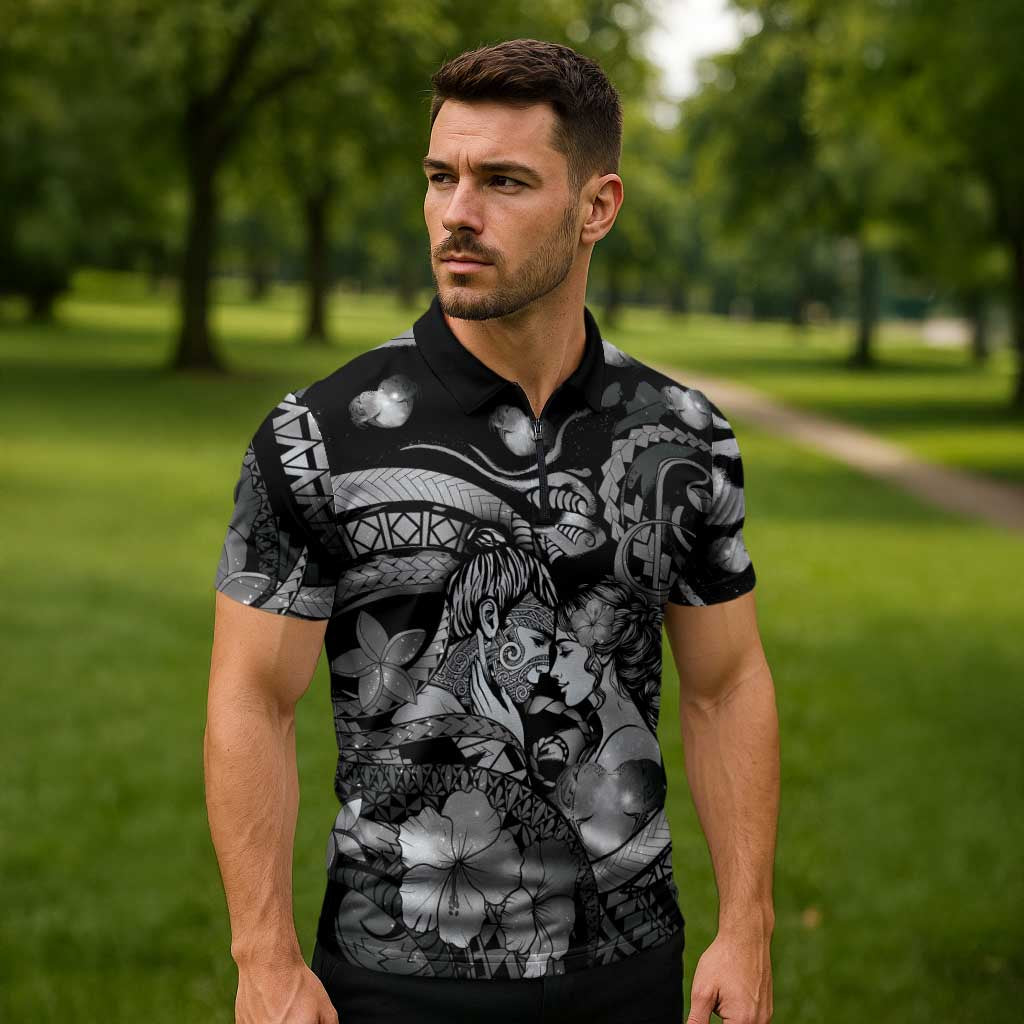 Personalised Maori Romantic Valentine Zipper Polo Shirt The Hongi Kiss Black Galaxy
