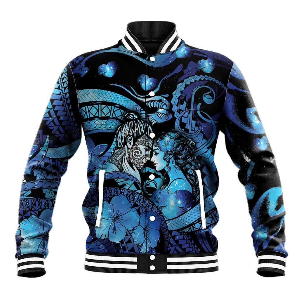 Personalised Maori Romantic Valentine Baseball Jacket The Hongi Kiss Blue Galaxy