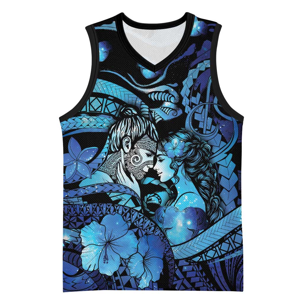Personalised Maori Romantic Valentine Basketball Jersey The Hongi Kiss Blue Galaxy DT05 Unisex Blue - Polynesian Pride