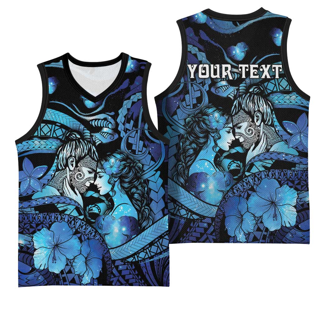 Personalised Maori Romantic Valentine Basketball Jersey The Hongi Kiss Blue Galaxy DT05 - Polynesian Pride