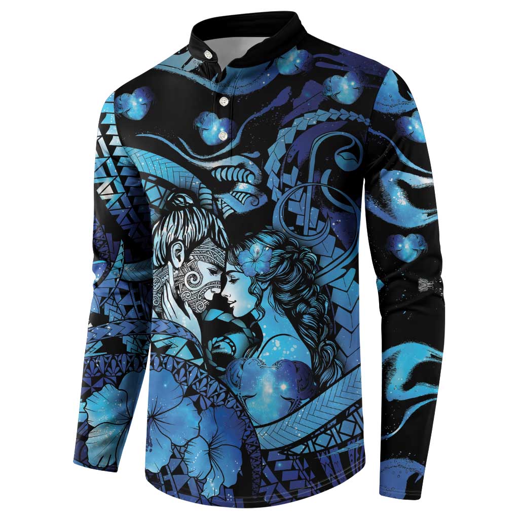 Personalised Maori Romantic Valentine Button Sweatshirt The Hongi Kiss Blue Galaxy