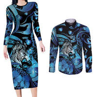 Personalised Maori Romantic Valentine Couples Matching Long Sleeve Bodycon Dress and Long Sleeve Button Shirt The Hongi Kiss Blue Galaxy