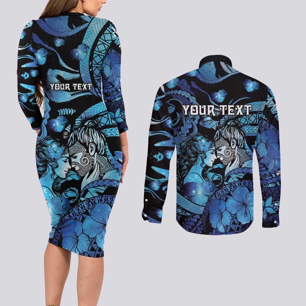 Personalised Maori Romantic Valentine Couples Matching Long Sleeve Bodycon Dress and Long Sleeve Button Shirt The Hongi Kiss Blue Galaxy