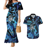 Personalised Maori Romantic Valentine Couples Matching Mermaid Dress and Hawaiian Shirt The Hongi Kiss Blue Galaxy