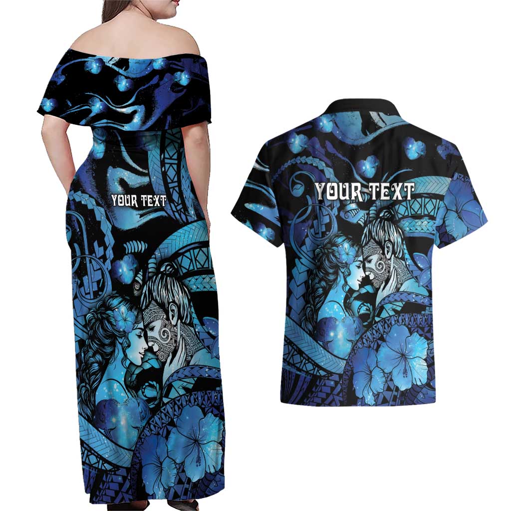 Personalised Maori Romantic Valentine Couples Matching Off Shoulder Maxi Dress and Hawaiian Shirt The Hongi Kiss Blue Galaxy