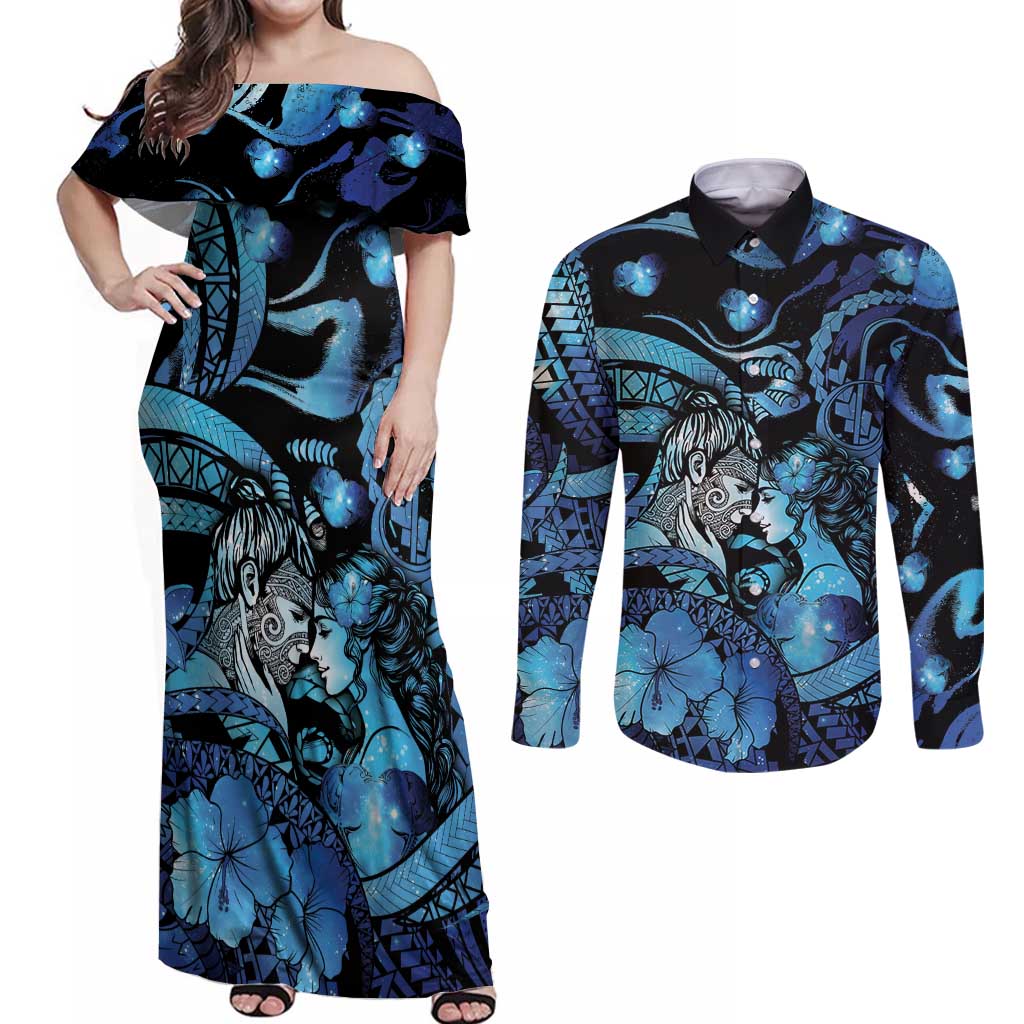 Personalised Maori Romantic Valentine Couples Matching Off Shoulder Maxi Dress and Long Sleeve Button Shirt The Hongi Kiss Blue Galaxy DT05 Blue - Polynesian Pride