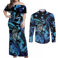Personalised Maori Romantic Valentine Couples Matching Off Shoulder Maxi Dress and Long Sleeve Button Shirt The Hongi Kiss Blue Galaxy DT05 Blue - Polynesian Pride