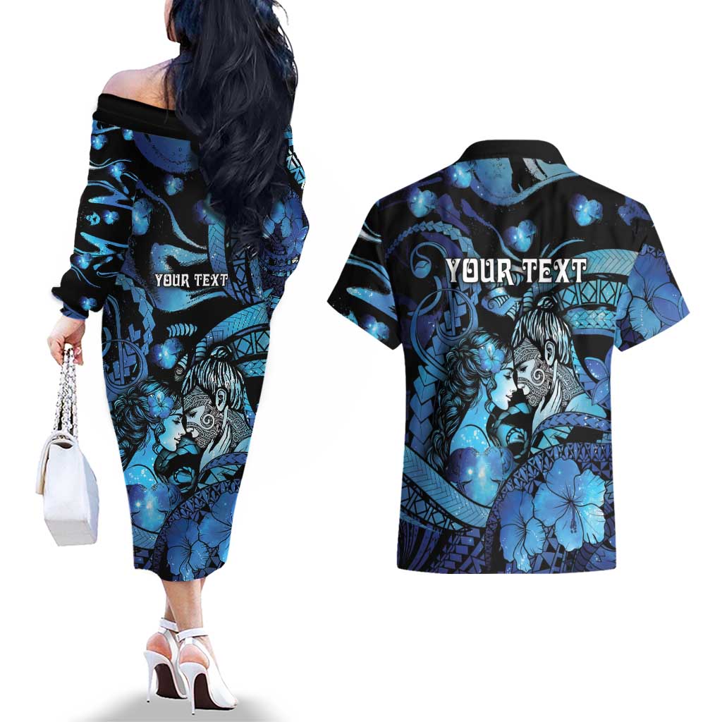 Personalised Maori Romantic Valentine Couples Matching Off The Shoulder Long Sleeve Dress and Hawaiian Shirt The Hongi Kiss Blue Galaxy DT05 - Polynesian Pride