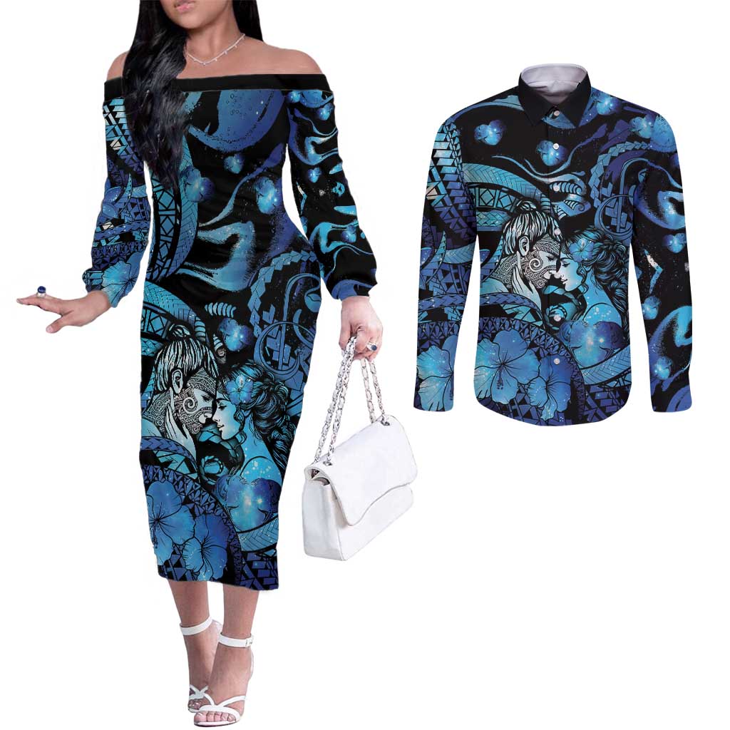 Personalised Maori Romantic Valentine Couples Matching Off The Shoulder Long Sleeve Dress and Long Sleeve Button Shirt The Hongi Kiss Blue Galaxy
