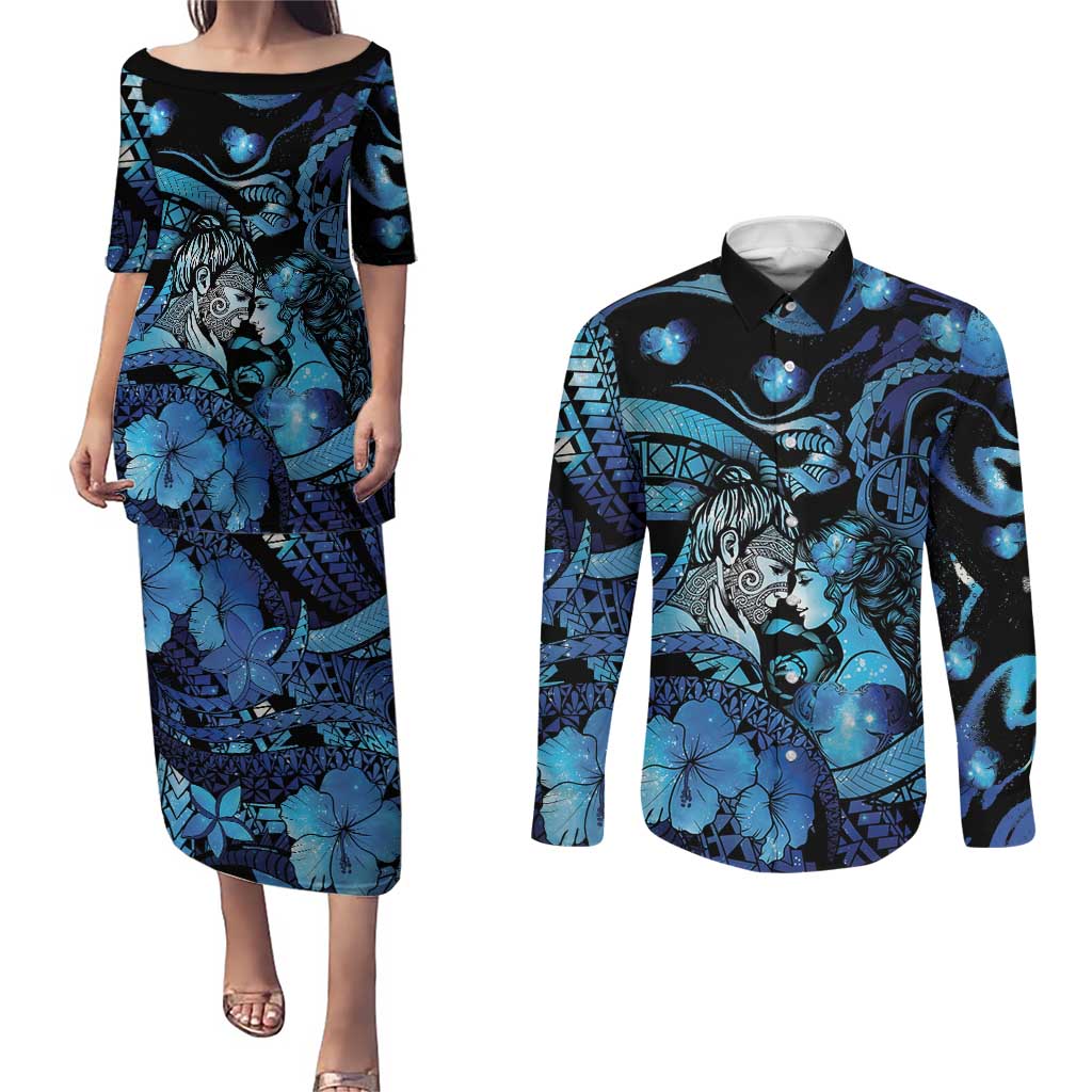 Personalised Maori Romantic Valentine Couples Matching Puletasi and Long Sleeve Button Shirt The Hongi Kiss Blue Galaxy DT05 Blue - Polynesian Pride