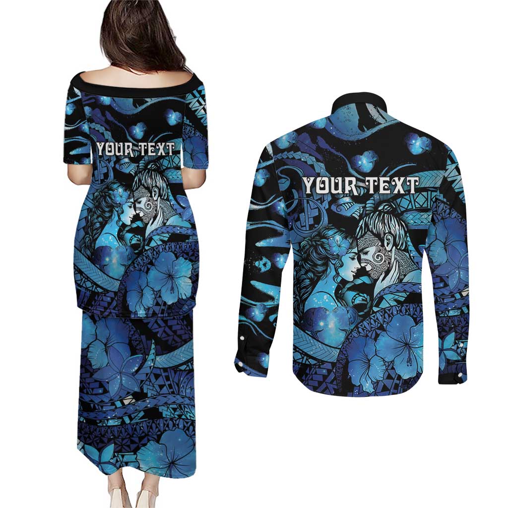 Personalised Maori Romantic Valentine Couples Matching Puletasi and Long Sleeve Button Shirt The Hongi Kiss Blue Galaxy DT05 - Polynesian Pride