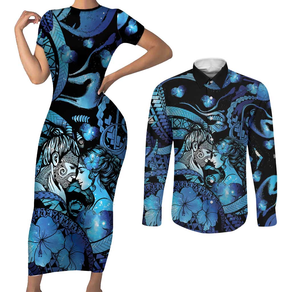 Personalised Maori Romantic Valentine Couples Matching Short Sleeve Bodycon Dress and Long Sleeve Button Shirt The Hongi Kiss Blue Galaxy