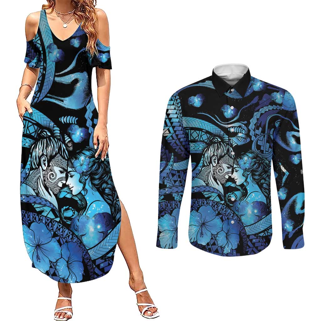Personalised Maori Romantic Valentine Couples Matching Summer Maxi Dress and Long Sleeve Button Shirt The Hongi Kiss Blue Galaxy