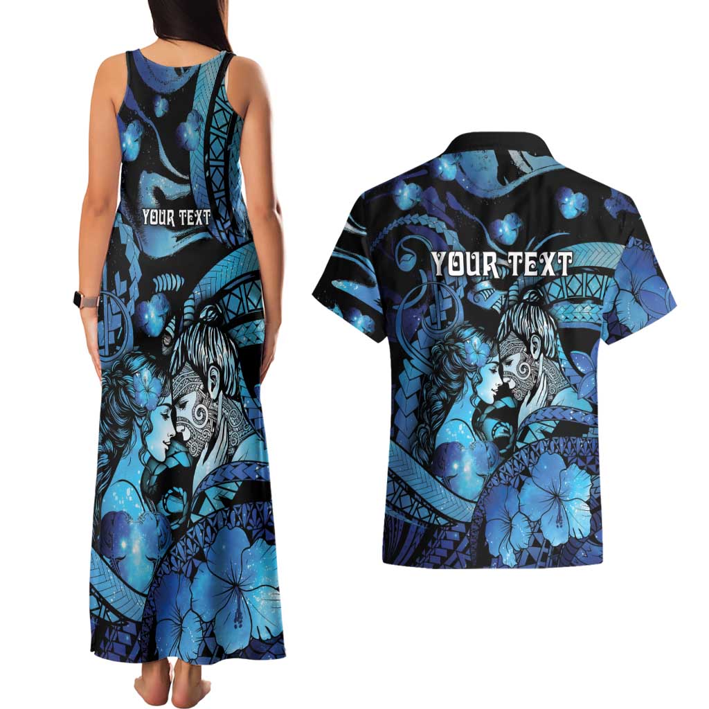 Personalised Maori Romantic Valentine Couples Matching Tank Maxi Dress and Hawaiian Shirt The Hongi Kiss Blue Galaxy