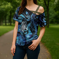 Personalised Maori Romantic Valentine Cross Shoulder Shirt The Hongi Kiss Blue Galaxy