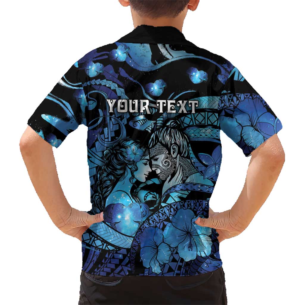 Personalised Maori Romantic Valentine Family Matching Long Sleeve Bodycon Dress and Hawaiian Shirt The Hongi Kiss Blue Galaxy DT05 - Polynesian Pride