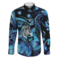 Personalised Maori Romantic Valentine Family Matching Long Sleeve Bodycon Dress and Hawaiian Shirt The Hongi Kiss Blue Galaxy DT05 Dad's Shirt - Long Sleeve Blue - Polynesian Pride