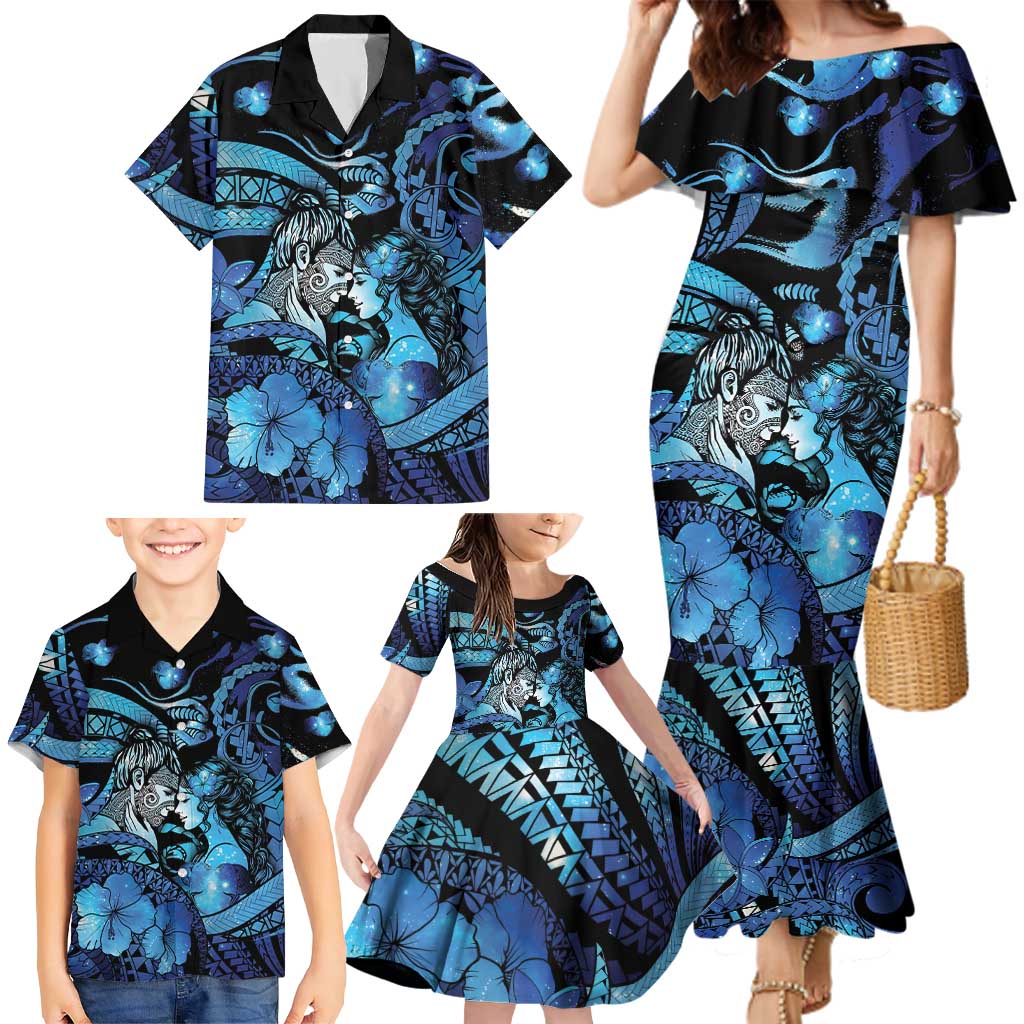 Personalised Maori Romantic Valentine Family Matching Mermaid Dress and Hawaiian Shirt The Hongi Kiss Blue Galaxy