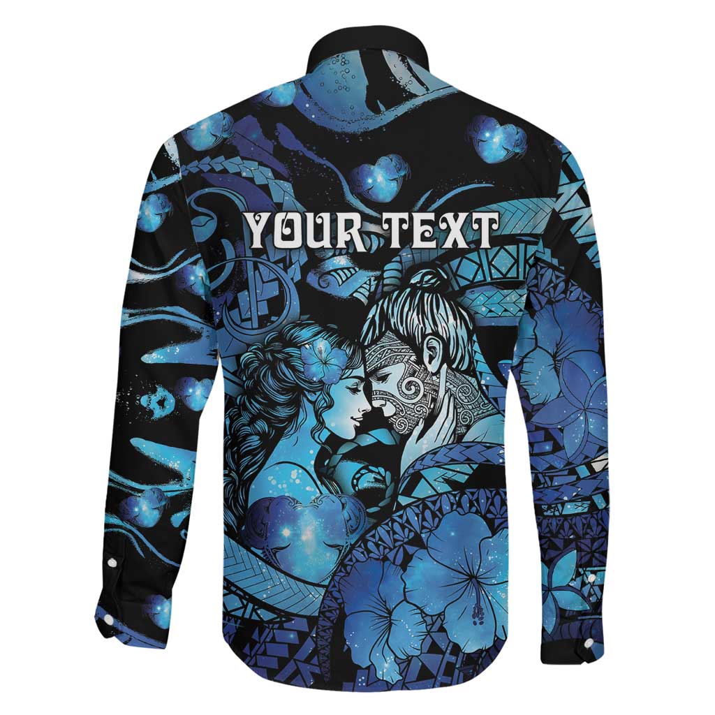 Personalised Maori Romantic Valentine Family Matching Off The Shoulder Long Sleeve Dress and Hawaiian Shirt The Hongi Kiss Blue Galaxy