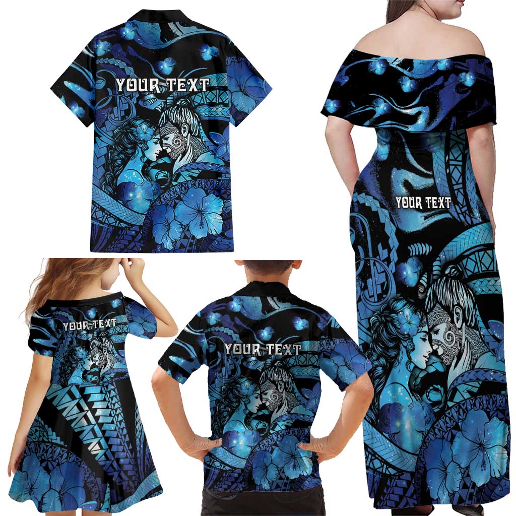 Personalised Maori Romantic Valentine Family Matching Off Shoulder Maxi Dress and Hawaiian Shirt The Hongi Kiss Blue Galaxy DT05 - Polynesian Pride