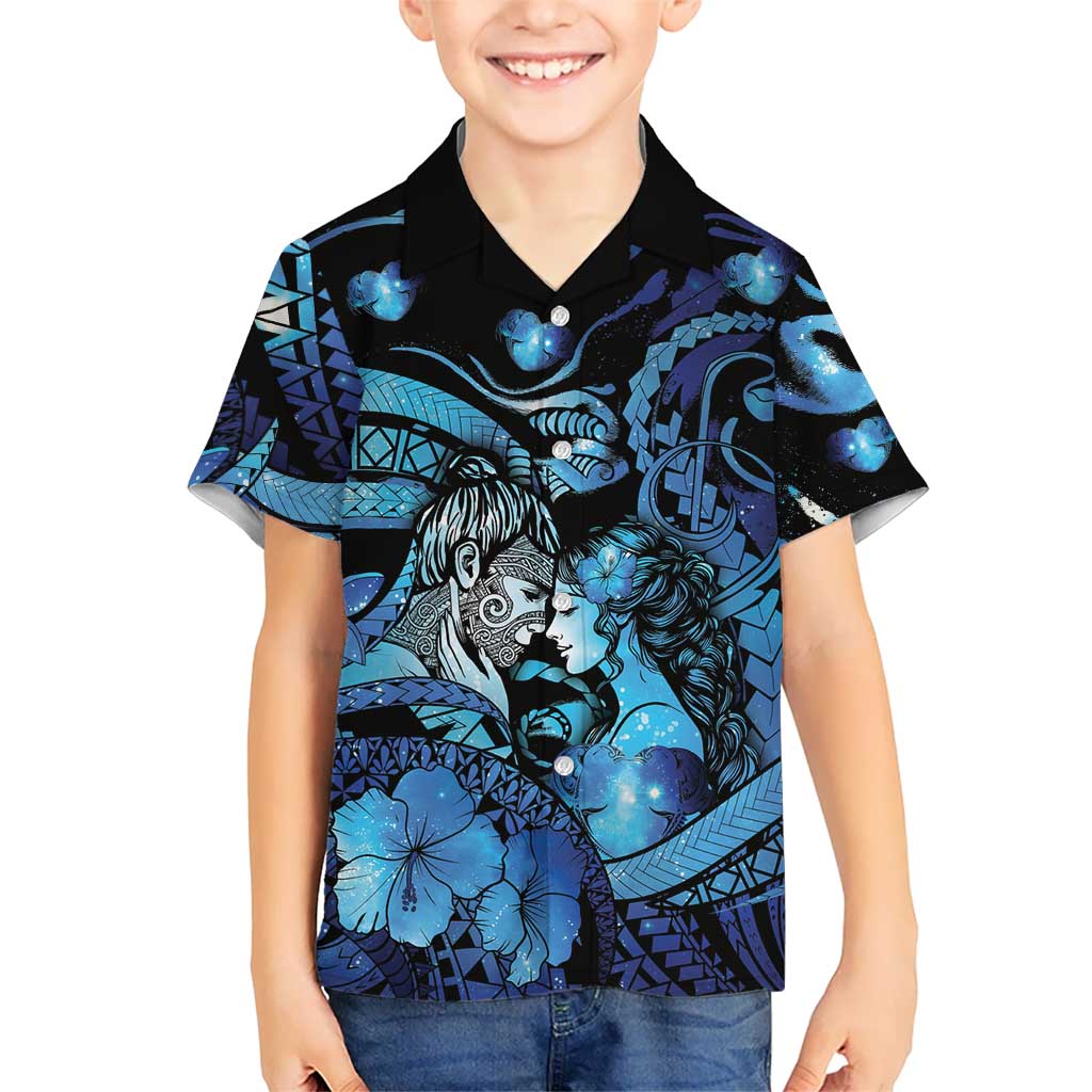 Personalised Maori Romantic Valentine Family Matching Off Shoulder Maxi Dress and Hawaiian Shirt The Hongi Kiss Blue Galaxy DT05 Son's Shirt Blue - Polynesian Pride