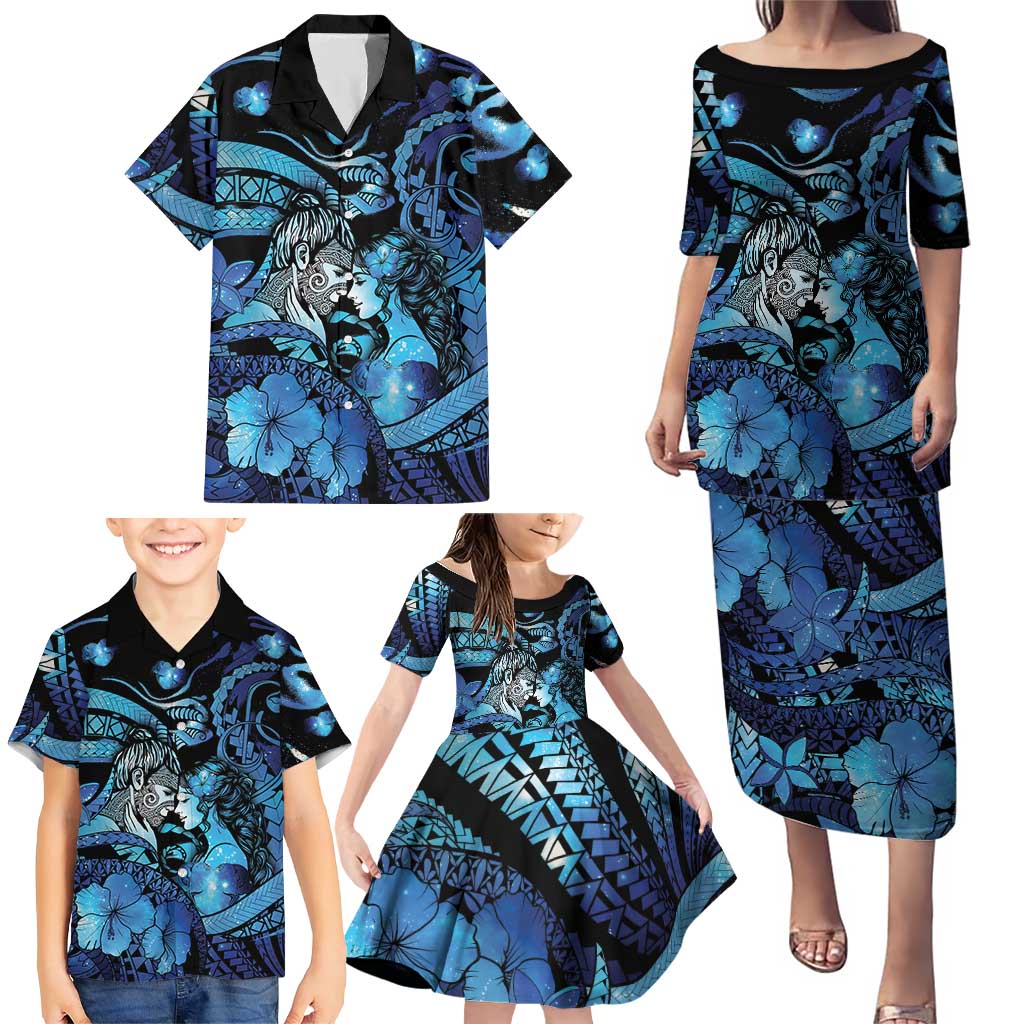 Personalised Maori Romantic Valentine Family Matching Puletasi and Hawaiian Shirt The Hongi Kiss Blue Galaxy DT05 - Polynesian Pride