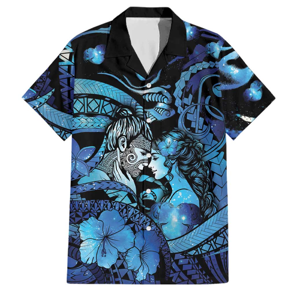 Personalised Maori Romantic Valentine Family Matching Puletasi and Hawaiian Shirt The Hongi Kiss Blue Galaxy DT05 Dad's Shirt - Short Sleeve Blue - Polynesian Pride