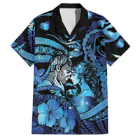 Personalised Maori Romantic Valentine Family Matching Puletasi and Hawaiian Shirt The Hongi Kiss Blue Galaxy DT05 Dad's Shirt - Short Sleeve Blue - Polynesian Pride