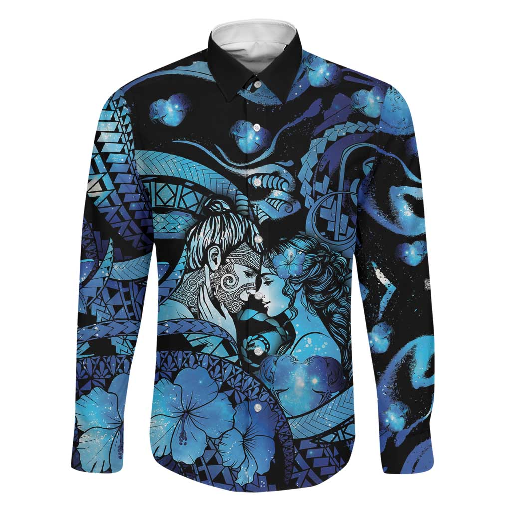 Personalised Maori Romantic Valentine Family Matching Summer Maxi Dress and Hawaiian Shirt The Hongi Kiss Blue Galaxy DT05 Dad's Shirt - Long Sleeve Blue - Polynesian Pride